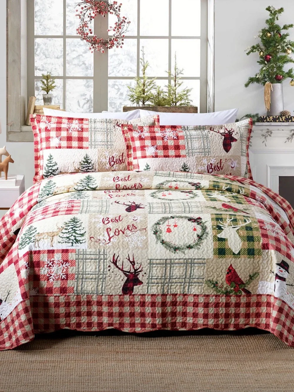 Red Christmas Plaid 3 piece queen Quilted Bedding Set